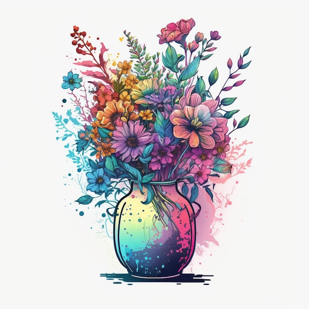 Un ramo de flores en un jarrón con acuarelas.