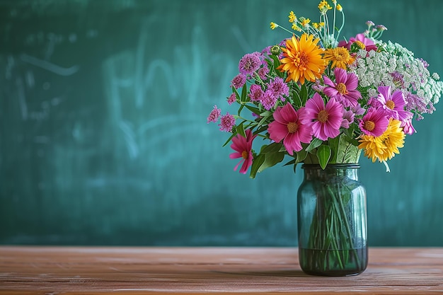 un ramo de flores en un jarrón en el escritorio de los maestros con libros de manzanas en el fondo de la pizarra