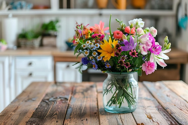Ramo de flores en un jarrón en una mesa de madera de la cocina