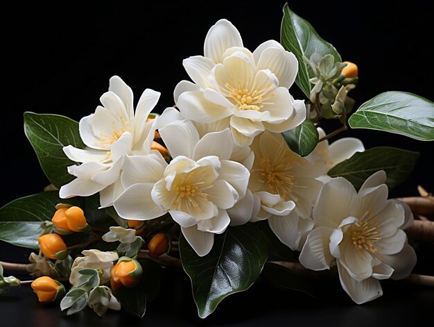 Foto ramo de flores de jazmín con hojas verdes aisladas sobre un fondo blanco