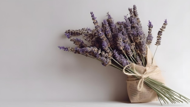 Un ramo de flores de lavanda en una bolsa de arpillera