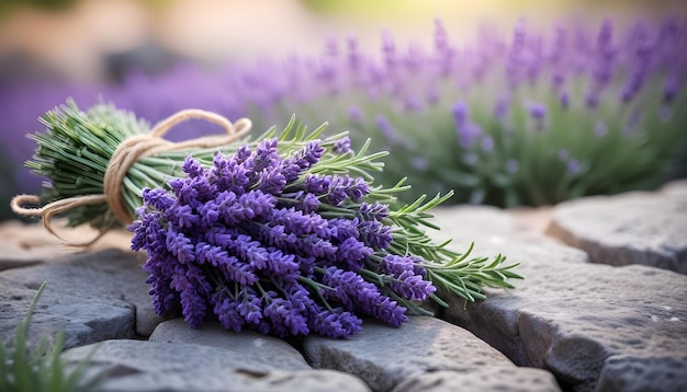 un ramo de flores de lavanda están en una superficie de piedra