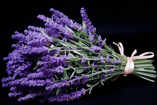 Un ramo de flores de lavanda con un fondo negro