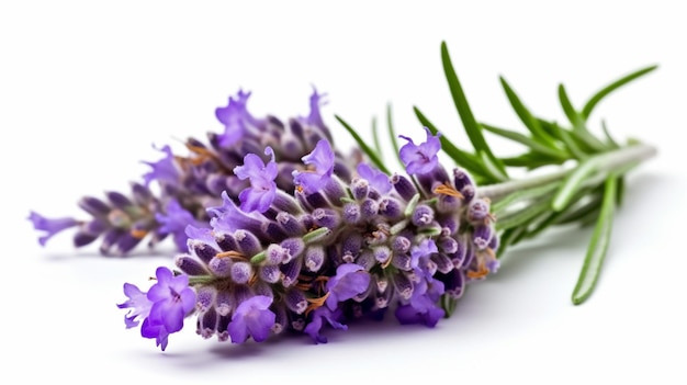 Un ramo de flores de lavanda sobre un fondo blanco.