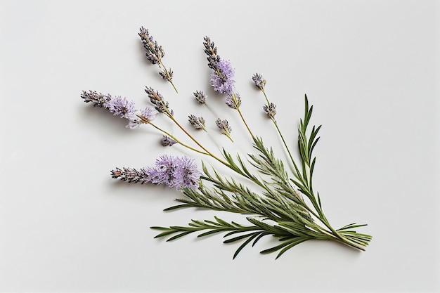 Un ramo de flores de lavanda sobre un fondo blanco.