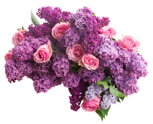 Ramo de flores lilas púrpuras con rosas rosadas aislado en blanco