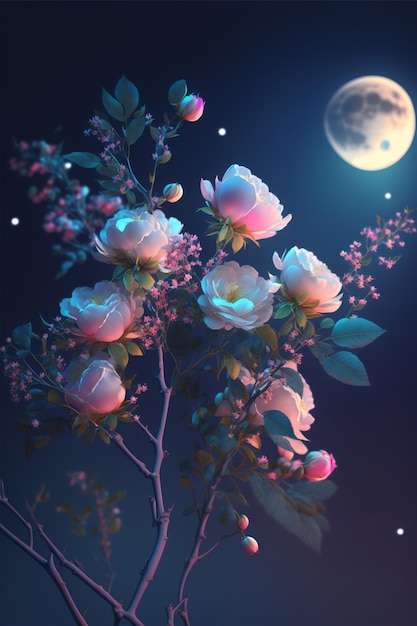 Ramo de flores con luna llena de fondo ai generativo