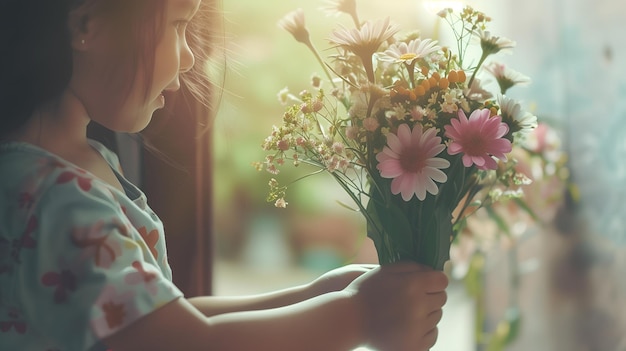 Un ramo de flores en la mano de una niña.