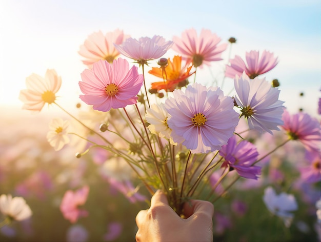 un ramo de flores en una mano