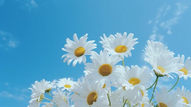 Un ramo de flores de margarita contra el cielo azul
