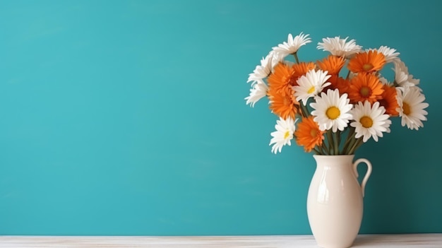 Ramo de flores de margarita en un jarrón naranja sobre madera blanca