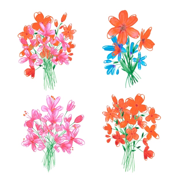 Ramo de flores de margaritas y tulipanes abstractos de acuarela dibujados a mano aislados en fondo blanco. Puede usarse para tarjetas, carteles de etiquetas y otros productos impresos.
