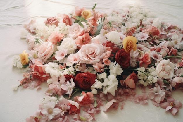 un ramo de flores en una mesa con una cortina blanca