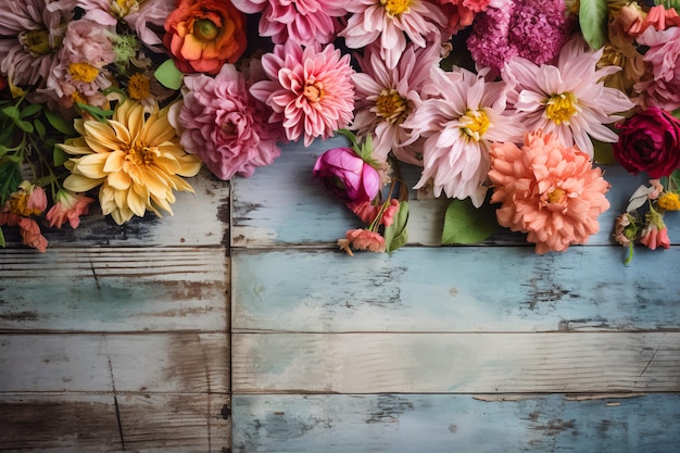 Un ramo de flores en una mesa de madera azul