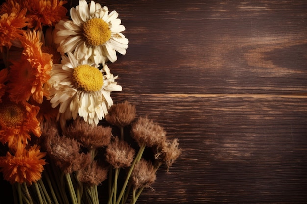 Un ramo de flores en una mesa de madera