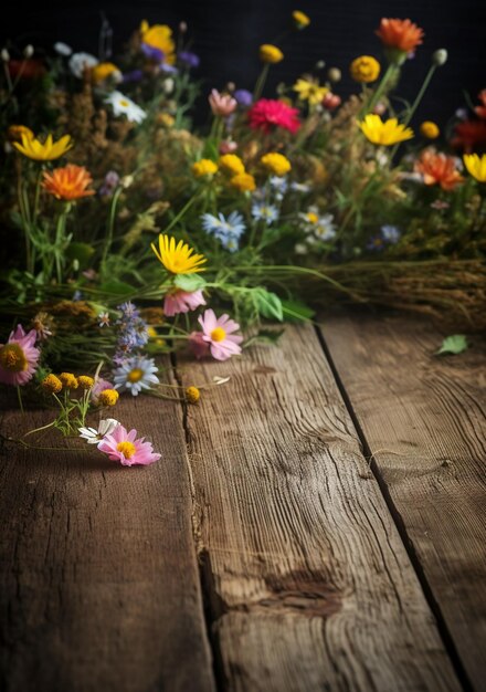 Un ramo de flores en una mesa de madera