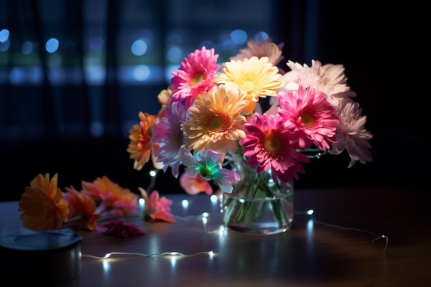 Un ramo de flores en la mesa por la noche