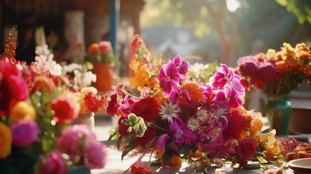 Un ramo de flores en una mesa