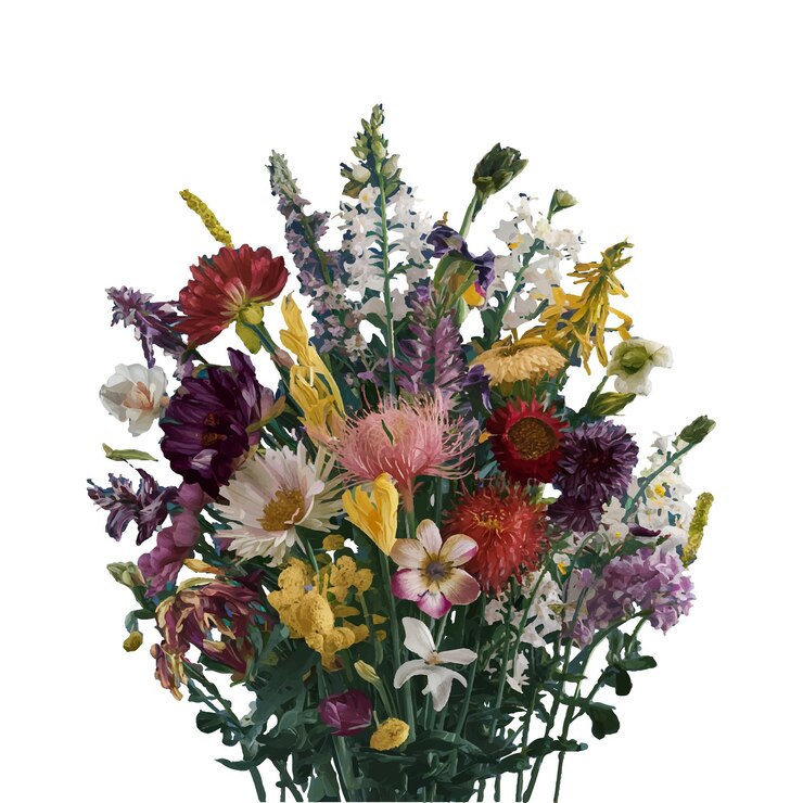 un ramo de flores se muestra con un fondo blanco