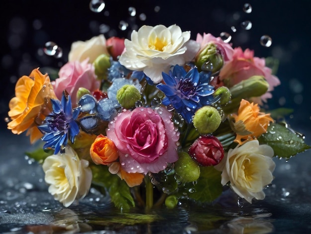 un ramo de flores se muestra con gotas de agua