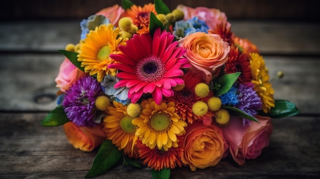 Un ramo de flores se muestra en una mesa de madera.