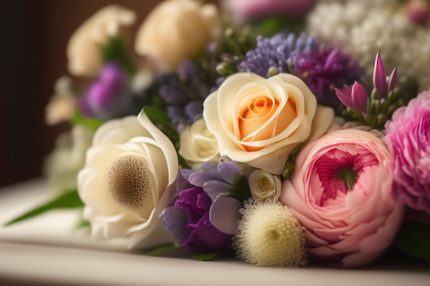 Un ramo de flores se muestra en una mesa.