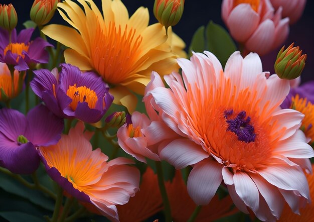 Un ramo de flores con una naranja y una flor de naranja.