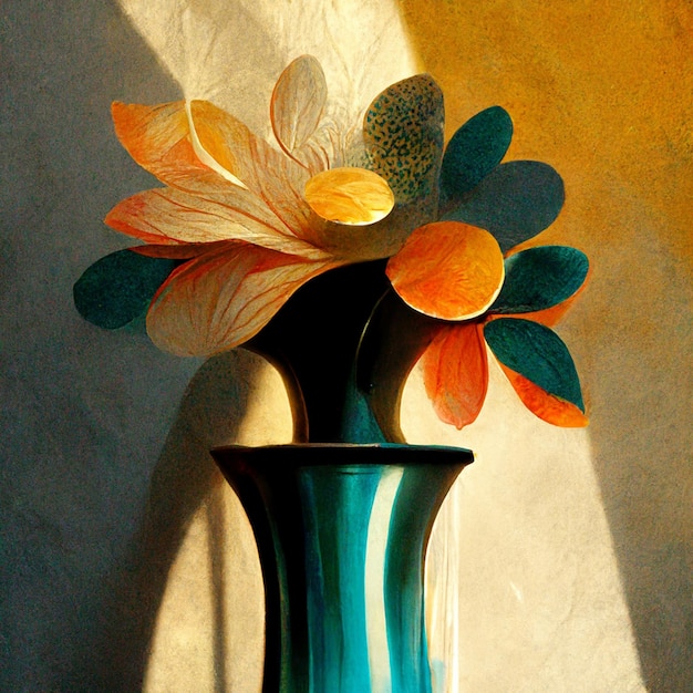 Ramo de flores naranjas en jarrón de cerámica verde azulado a la luz del sol