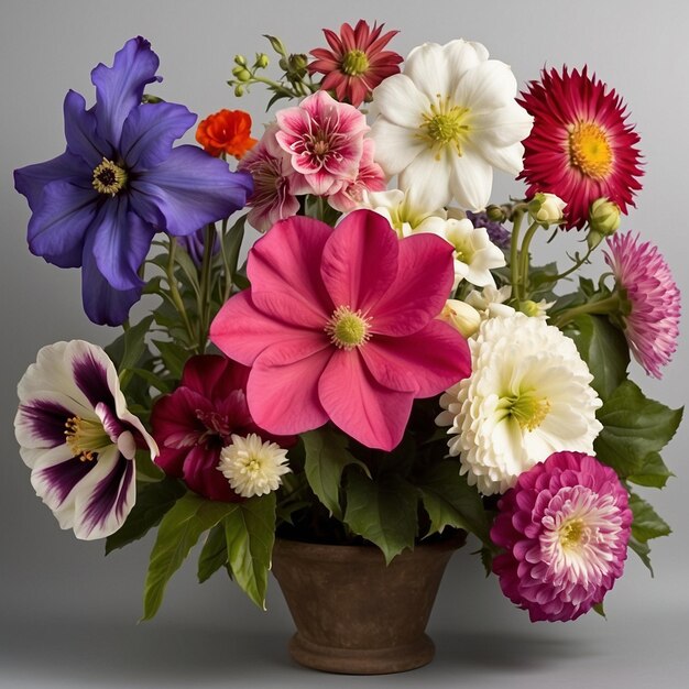 un ramo de flores en una olla marrón con una flor blanca y rosa