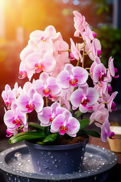 Ramo de flores de orquídea rosadas y blancas con gotas de agua