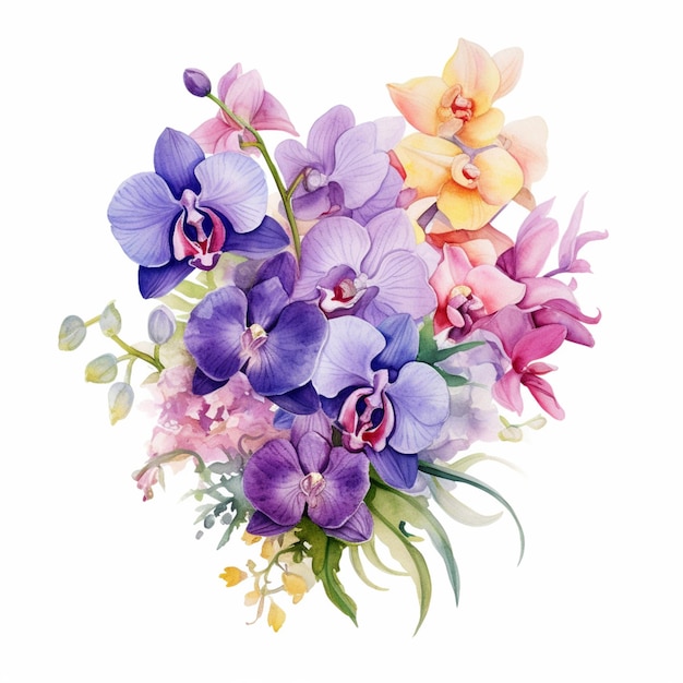 Un ramo de flores con orquídeas moradas y amarillas.