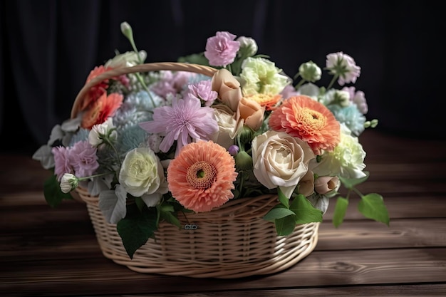 Ramo de flores pastel en canasta sobre mesa de madera creada con ai generativo