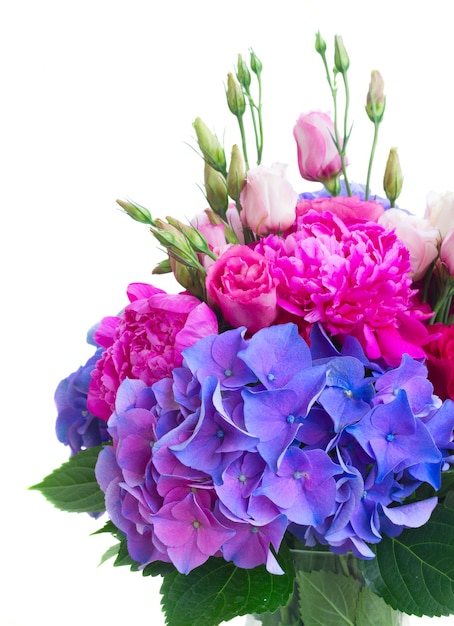 Ramo de flores de peonía rosa brillante, eustoma y hortensia azul de cerca aislado en blanco