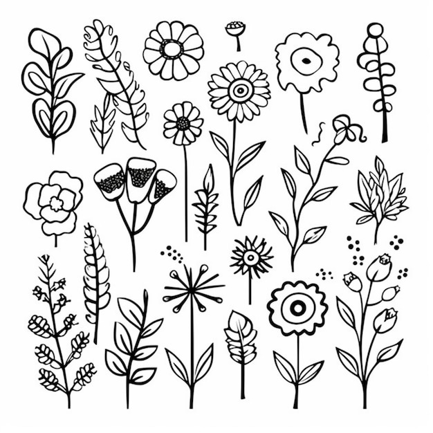 Un ramo de flores y plantas dibujadas en tinta negra generativa ai.