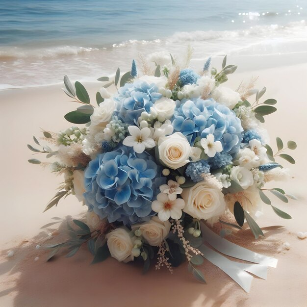 un ramo de flores en una playa con el océano en el fondo