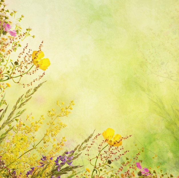 Ramo de flores de pradera de verano con espacio de copia, fondo texturizado grunge floral