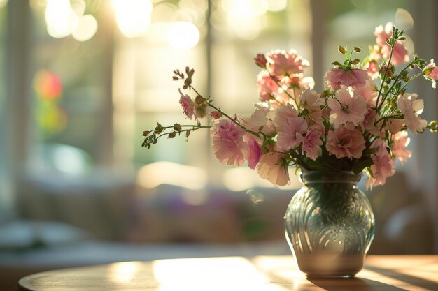 Ramo de flores de primavera en un jarrón sobre la mesa en la sala de estar