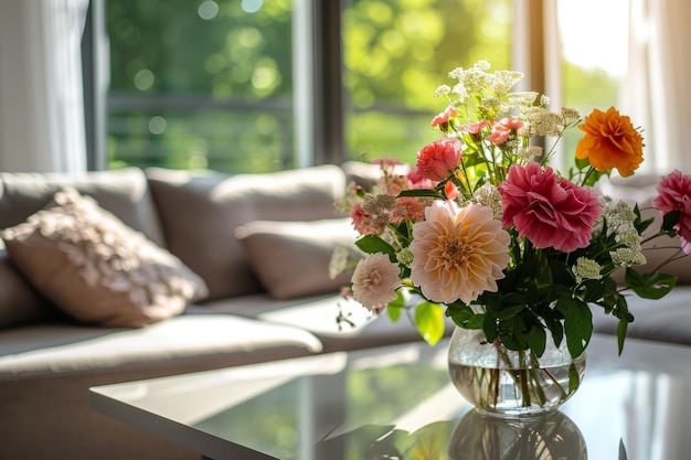 Ramo de flores de primavera en un jarrón sobre la mesa en la sala de estar