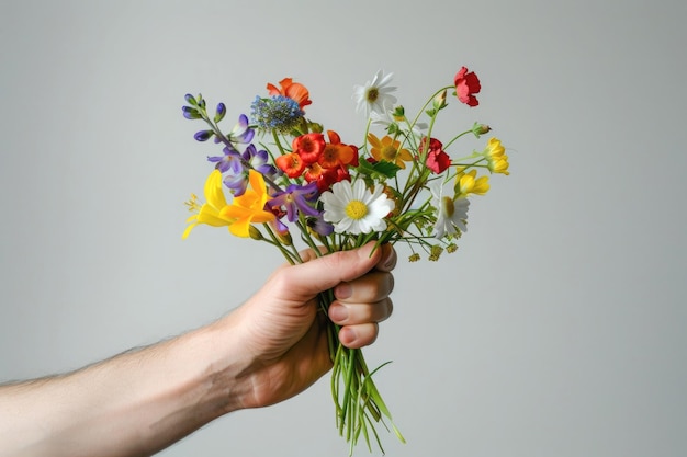 con un ramo de flores de primavera en la mano