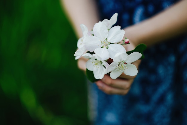 Un ramo de flores de primavera en manos de una niña. Manzano floreciente en el parque en primavera. Enfoque suave. De cerca.