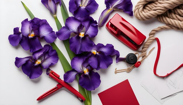 un ramo de flores púrpuras con una caja roja en la mesa