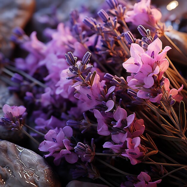 Foto un ramo de flores púrpuras con el nombre im una cita escrita en el lado de una roca