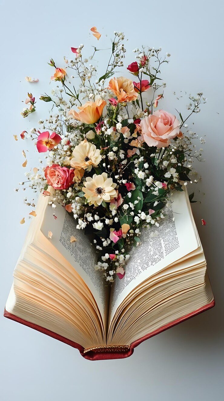 Un ramo de flores que emerge de las páginas abiertas del libro