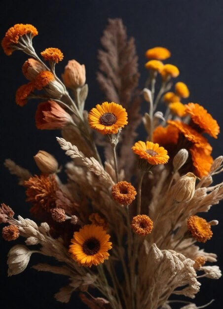 un ramo de flores que están en un fondo negro