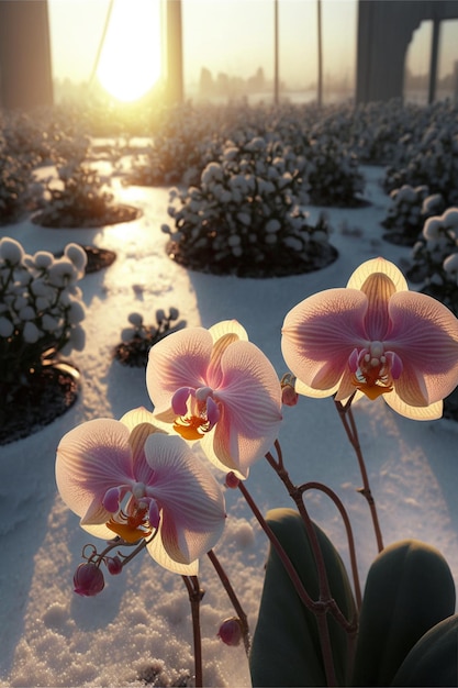 Ramo de flores que están en la nieve Generativo Ai