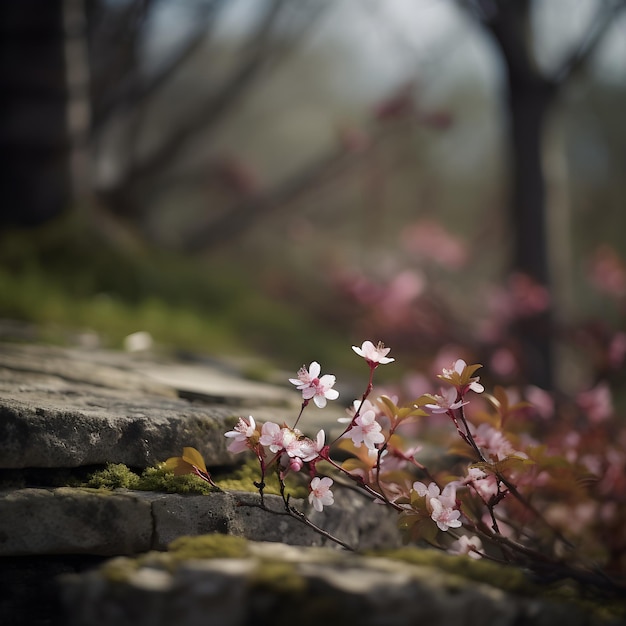 Un ramo de flores que están en una pared de piedra.