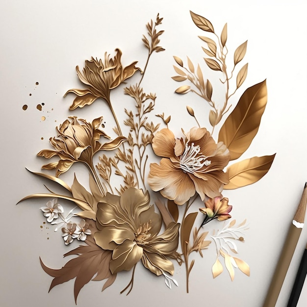 un ramo de flores que están sobre un fondo blanco arte de papel dorado IA generativa