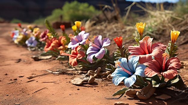 un ramo de flores que están en la tierra