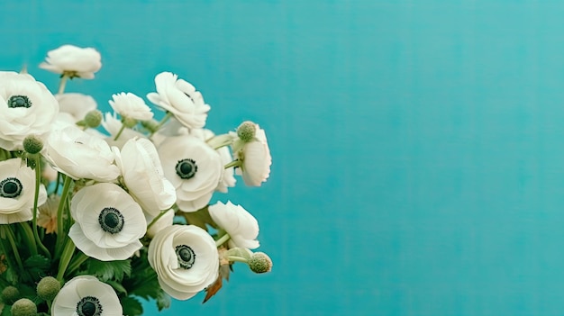 Ramo de flores de ranúnculo blanco sobre fondo azul con espacio para copiar