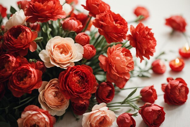 Un ramo de flores rojas en un blanco